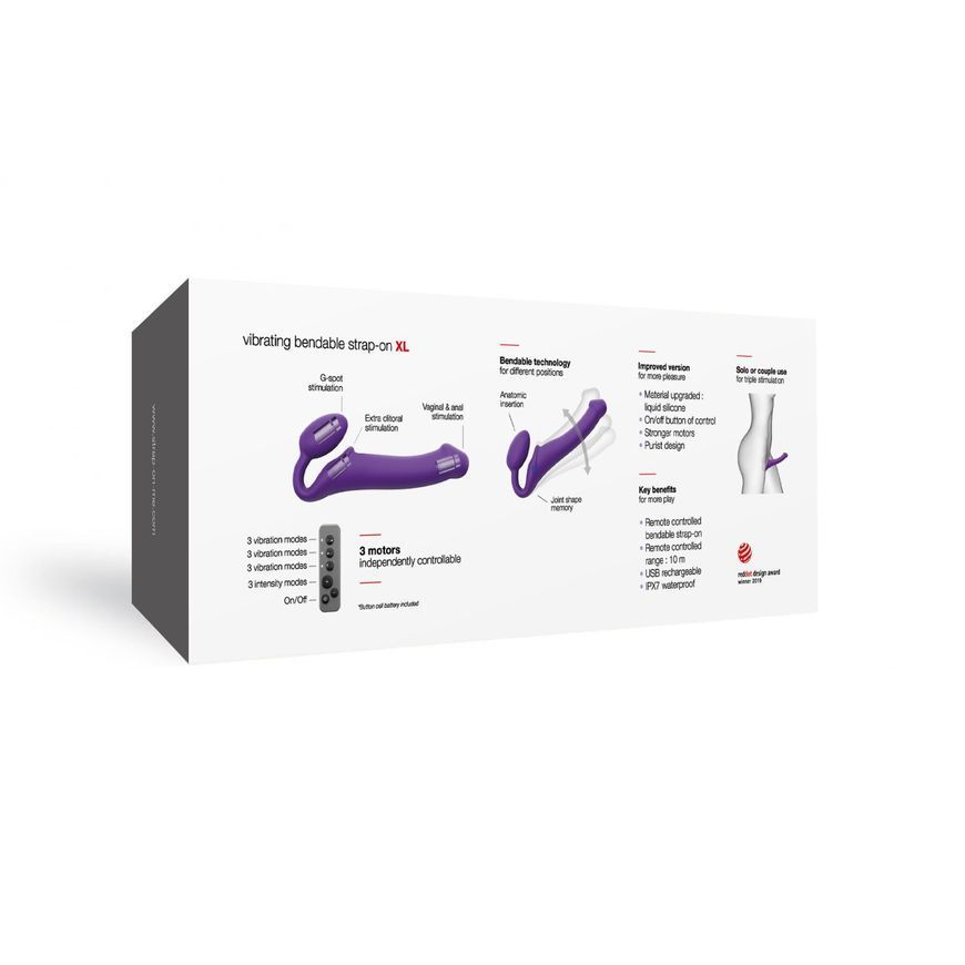Безремневой страпон с вибрацией Strap-On-Me Vibrating Violet XL, диаметр 4,5см, пульт ДУ, регулируем