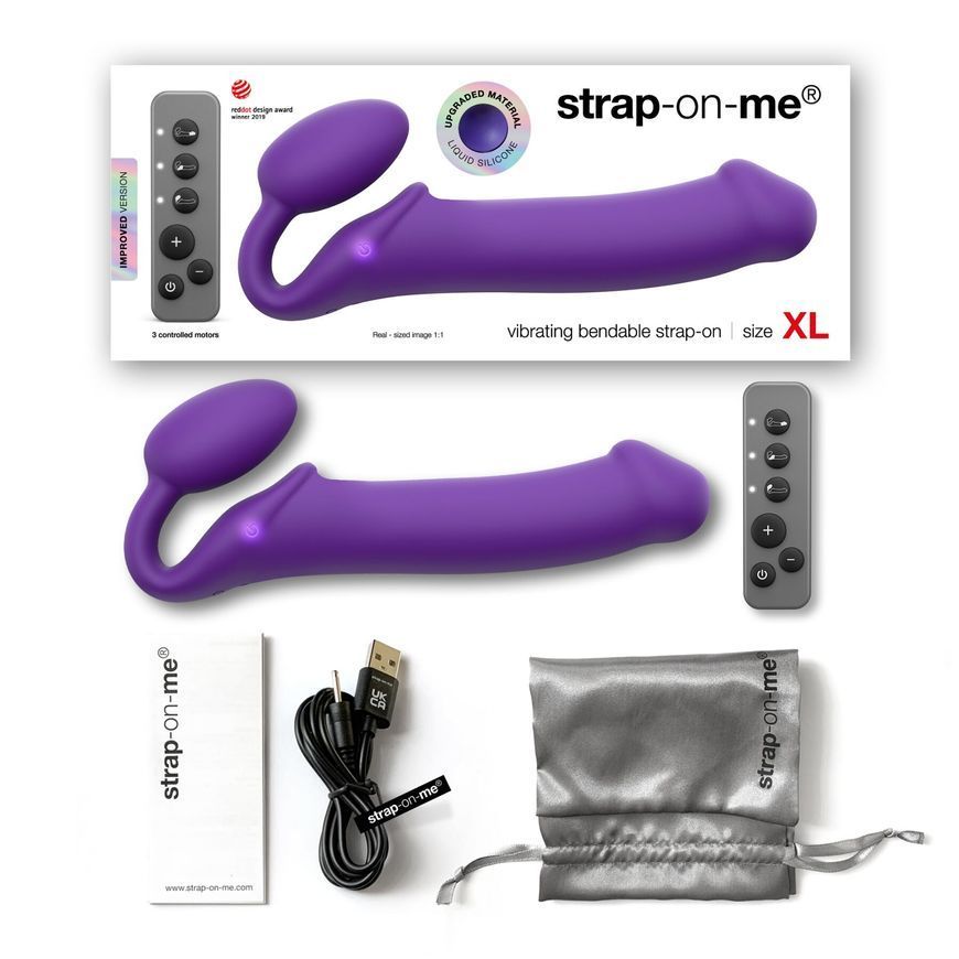Безремневой страпон с вибрацией Strap-On-Me Vibrating Violet XL, диаметр 4,5см, пульт ДУ, регулируем