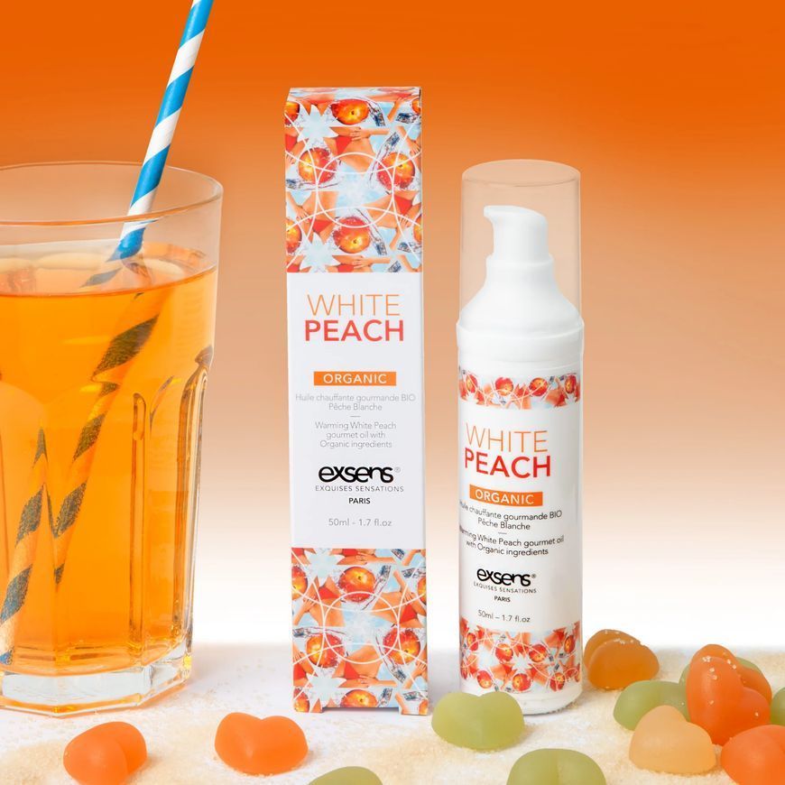 Масажна олія EXSENS Organic White Peach 50мл розігріває, без цукру, без парабенів, їстівна
