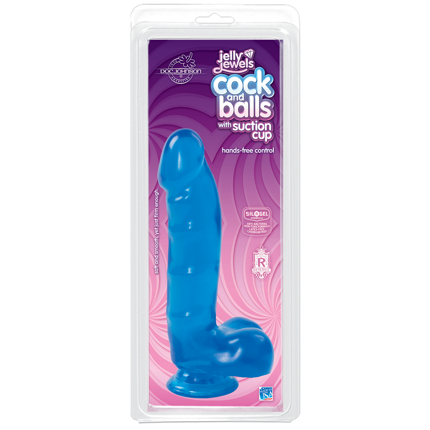Фалоімітатор Doc Johnson Jelly Jewels Cock & Balls Blue, діаметр 3,6 см, антибактеріальний ПВХ