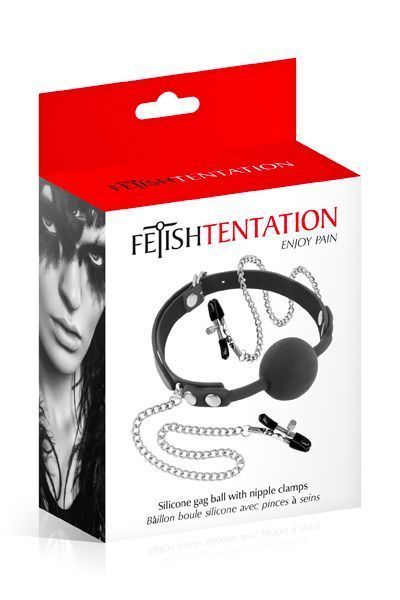 Кляп з силіконовою кулькою і зажимами для сосків Fetish Tentation Gag Ball with Nipple Clamps