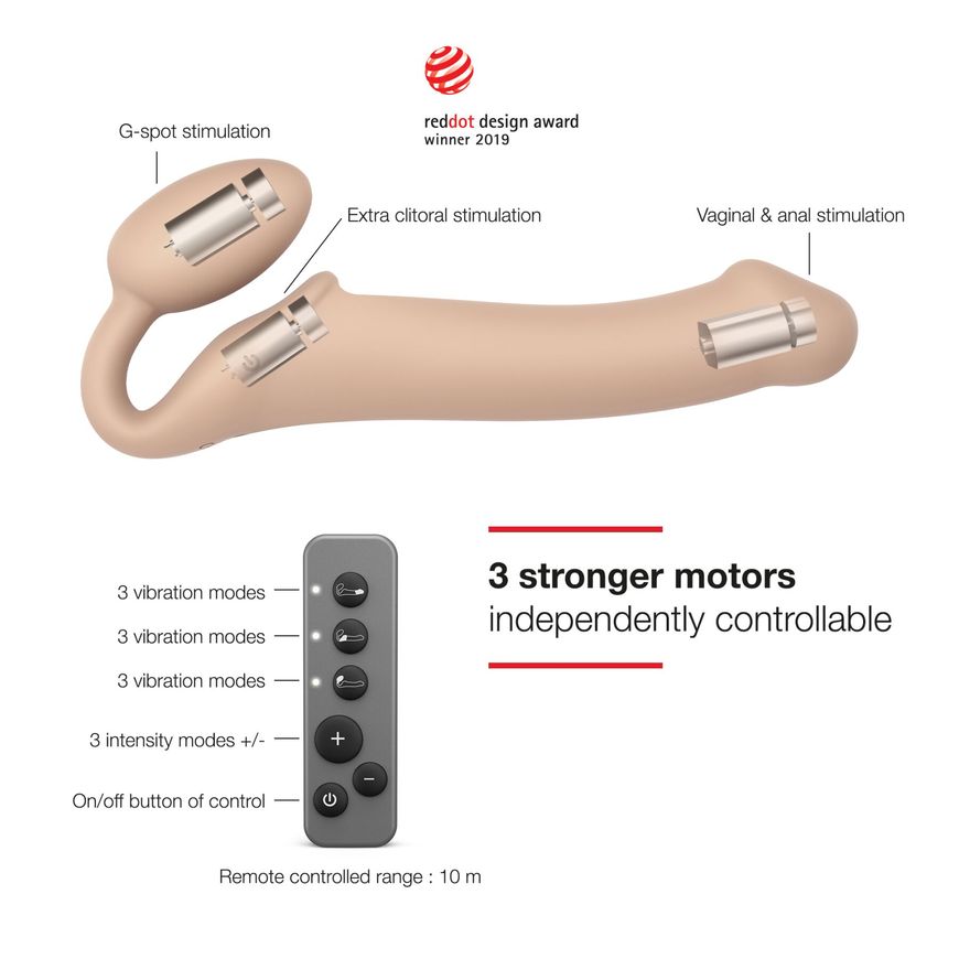 Безремневой страпон с вибрацией Strap-On-Me Vibrating Flesh M, диаметр 3,3см, пульт ДУ, регулируемый