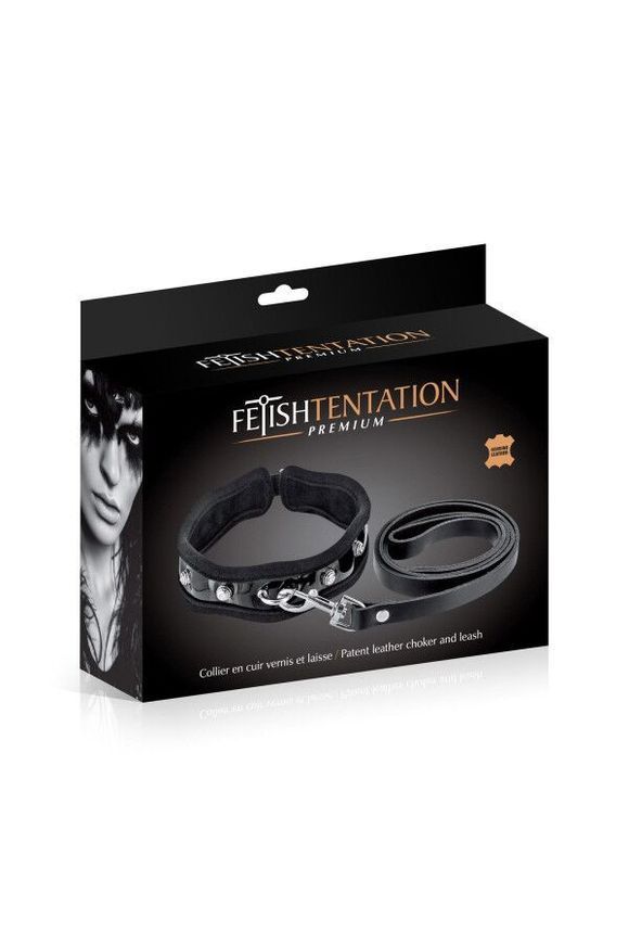 Повідець з натуральної шкіри Fetish Tentation Premium Patent leather chocker and leash