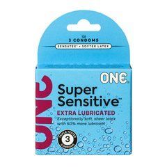 Презервативи ONE Super Sensitive, 3 шт, гладенькі, з додатковою змазкою, картонне паковання