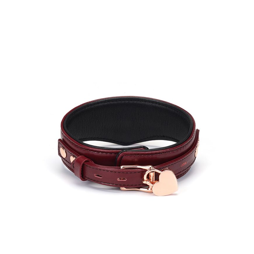 Шкіряний нашийник з повідцем Liebe Seele Wine Red Curved Collar, замок-сердечко