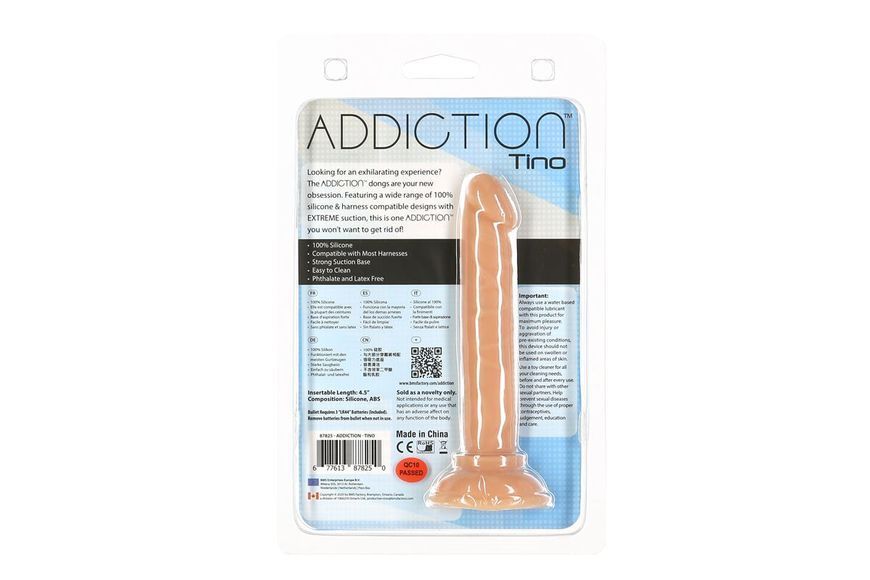 Фалоімітатор ADDICTION Tino 5.25&Prime; Silicone Dildo, присоска, діаметр 1,9 см, віброкуля в подарунок, Тілесний